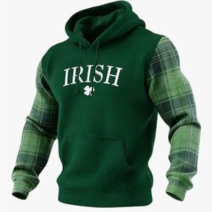 Men’s Irish Plaid Sleeve Hoodie St Patrick’s Day Green Medium NWT